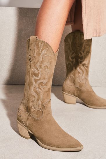 Lipsy Faux Suedette Camel Pull On Calf Pointed Western Cowboy magassarkú cipők Boot