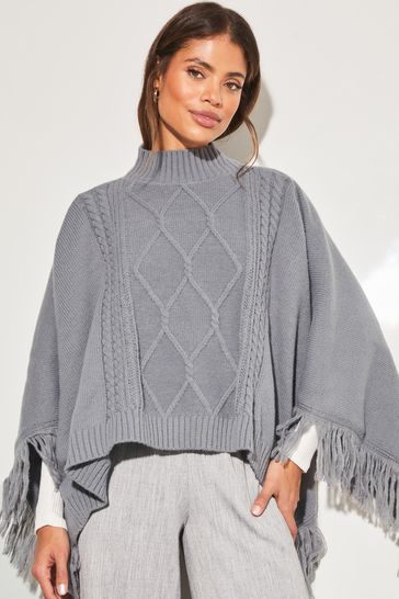 Lipsy Grey Super Soft Cosy Roll Neck Cable Knit Poncho