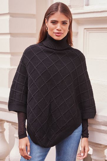 Lipsy Black Cosy Cable Knit Roll Neck Poncho