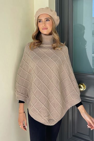 Lipsy Camel Cosy Cable Knit Roll Neck Poncho