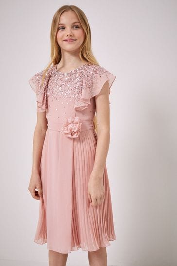 Lipsy Pink Ruffle Sequin Pleated Dress