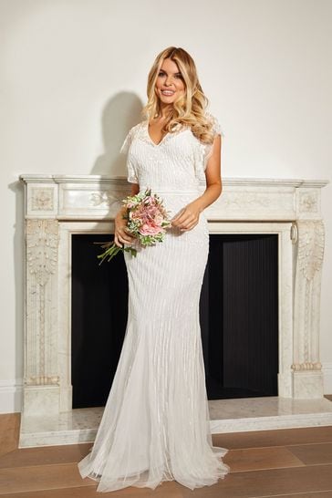Sistaglam White White Beaded Sequin Maxi Dress with Frill Sleeve