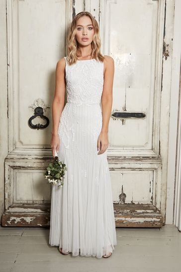 Sistaglam White Embellished Beaded Sequin Halterneck Maxi Wedding Dress