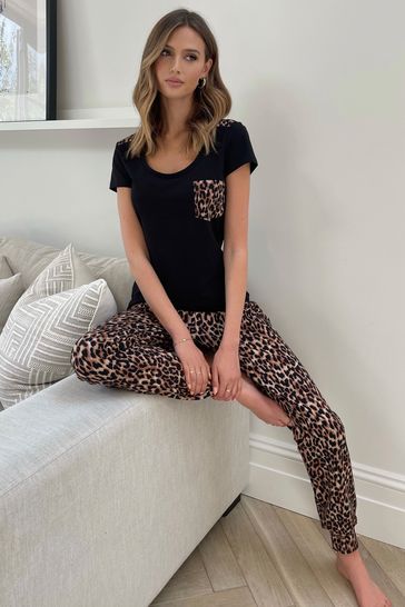 Lipsy Black Leop Pocket Petite Short Sleeve Pyjama Set