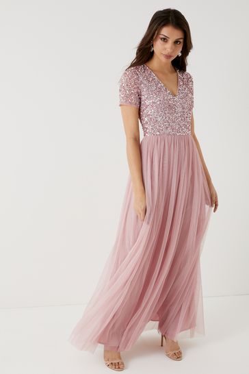 Maya Pink V Neck Short Sleeve Sequin Maxi Dress