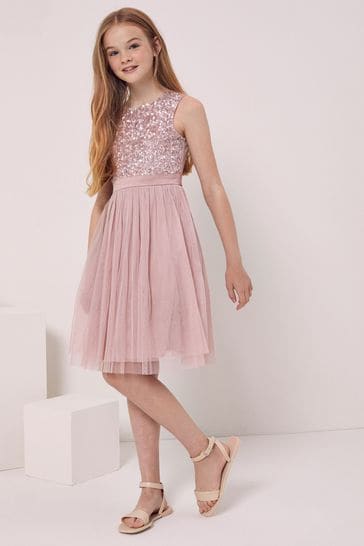 Maya Pink Embellished Waist Tulle Party Dress - Girls