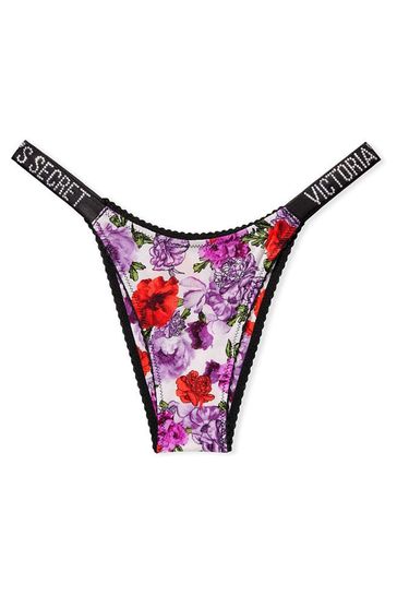 Victoria's Secret White Floral Print Logo Shine Strap Brazilian Panty with  Scallop Trim