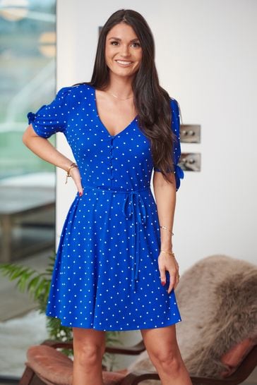 Pour Moi Blue & White Polka Dot Spot Bella Slinky Recycled Jersey Tie Sleeve Tea Dress