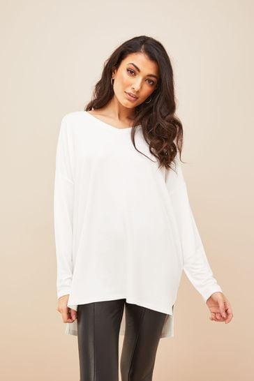 Friends Like These Ivory White Soft Jersey V Neck Long Sleeve Tunic Top
