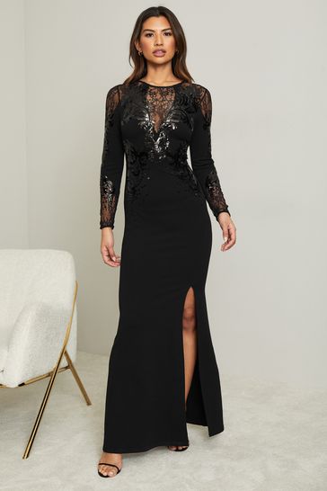 Lipsy Black Long Sleeve Embelished Maxi Dress