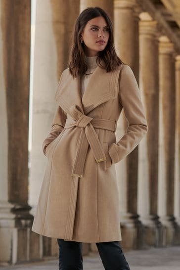 Lipsy Camel Dropped Collar Belted Wrap Coat