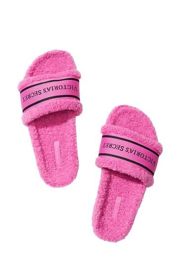 Victoria's Secret Pink Faux Fur Logo Slider Slippers