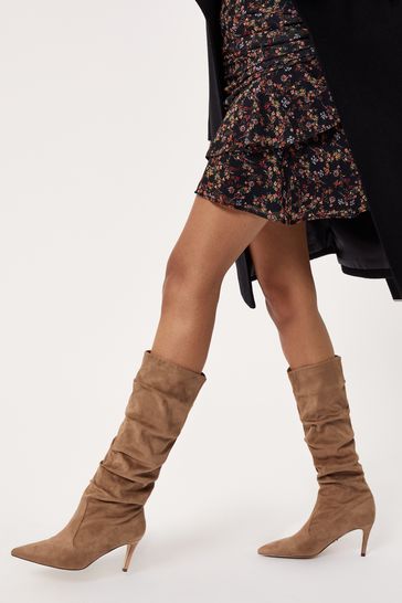 Lipsy Camel Regular Fit Suedette Heeled Ruched Long Boot