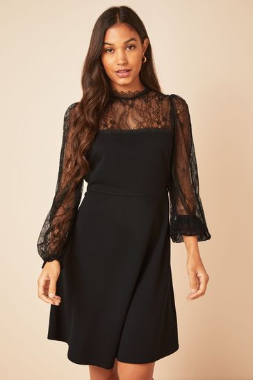 Long Sleeve Lace Mesh Insert Midi Dress Black - Luxe Little Black Dresses  and Luxe Party Dresses