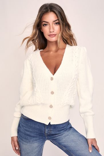 Lipsy Ivory Knitted Cable Button Through Cardigan