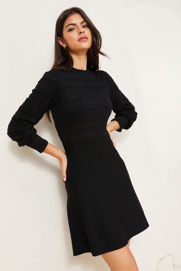 Lipsy Black Regular Knitted Pointelle Stitch Fit and Flare Dress