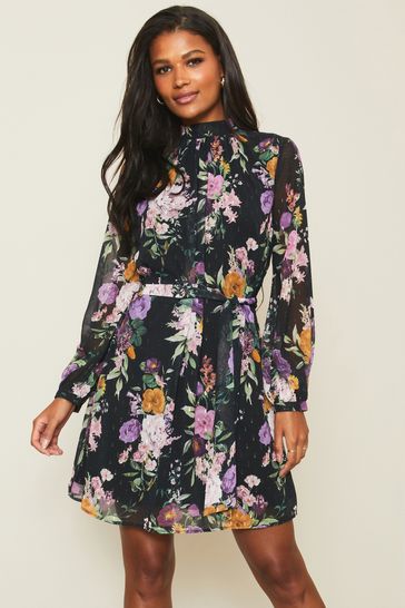 Lipsy Black Floral Regular Long Sleeve Belted Shift Dress