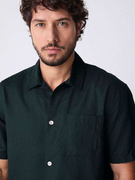 Black Standard Collar Cotton Linen Blend Short Sleeve Shirt (AA1148) | £28