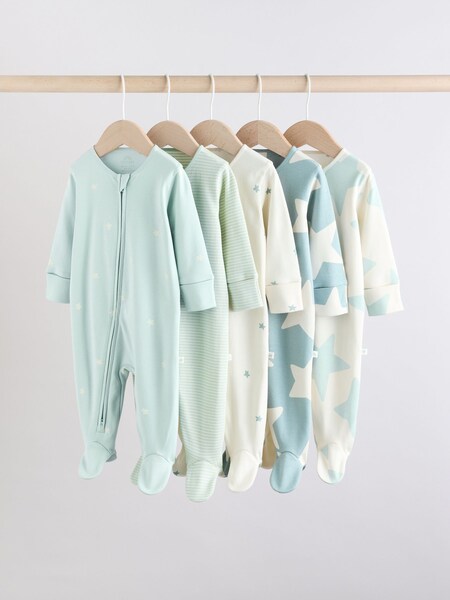 Sage Green 100% Cotton Two Way Zip Baby Sleepsuits 5 Pack (0mths-2yrs) (AA5965) | £31 - £33