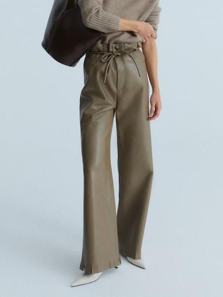 Muted Khaki Harlee Leather Wide Leg Trousers (AG9207) | £595