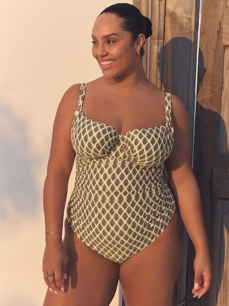 Khaki Green/Cream Foil Woodblock F-K Underwired Tummy Control Swimsuit (AJ4743) | £62