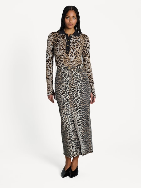 Brown Leopard Print Denim Maxi Slit Skirt (AJ6731) | £275