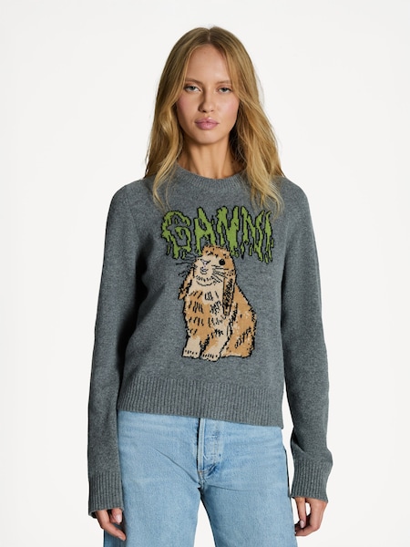 Grey Graphic Wool Mix Bunny Crew Neck Jumper (AJ6747) | £285