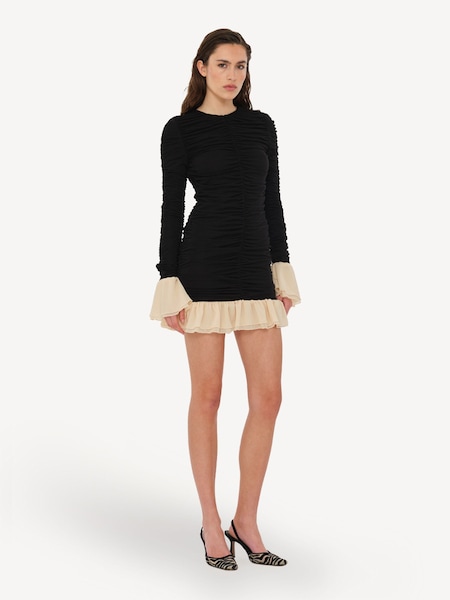 Black Mini Rushed Long Sleeve Dress (AJ8084) | £235