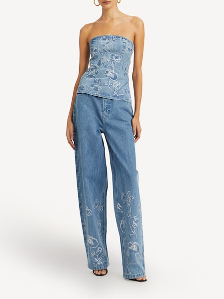 Blue Rhinestone Wide Leg Jeans (AJ8085) | £250