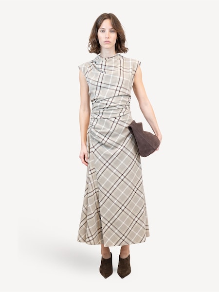 Sand Plaid Burke Checked Draped Midi Dress (AK1208) | £545