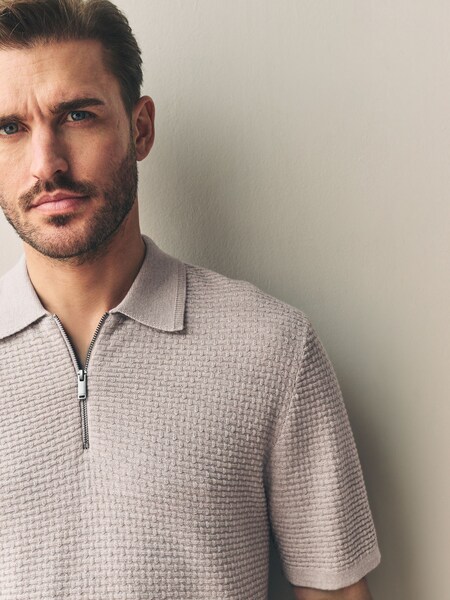 Neutral Regular Fit Signature 100% Merino Textured Short Sleeve Quarter Zip Knit Polo Shirt (AK7456) | £40