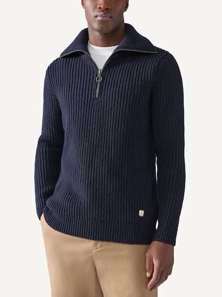Navy Blue Quarter Zip Fisherman Knit Jumper (AL8934) | £180