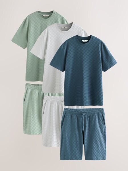 Navy Blue/Green/Grey 100% Cotton Co-ord T-Shirts And Shorts Set 3 Pack (AM7935) | £95