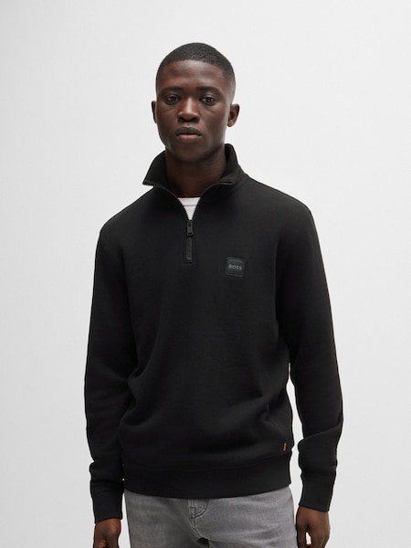 Black Logo Patch Terry 100% Cotton Zip Neck Jersey Sweatshirt (AM9313) | £129