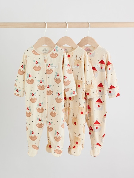 Ecru Baby Christmas Popper Sleepsuits 3 Pack (0mths-2yrs) (AN4335) | £19 - £21