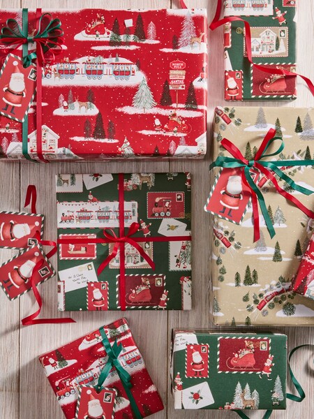 Red / Green Santa Christmas Wrapping Paper, Set of 3, 3m Gift Tags and Ribbon Set (AN4339) | £8