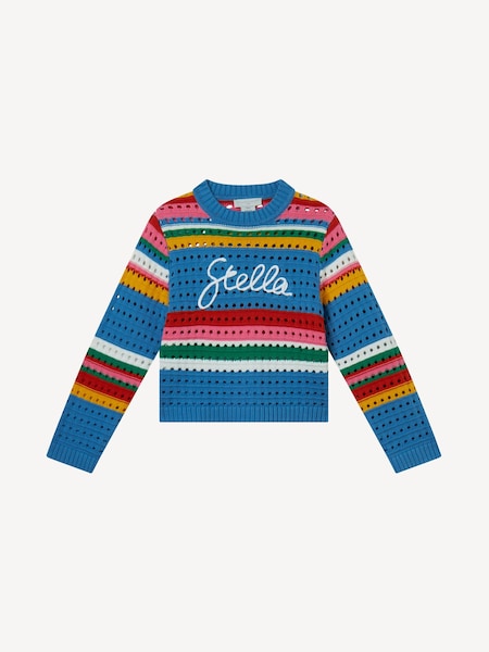 Blue Multicolour Stripe Crochet Knitted Long Sleeve Logo Jumper (AN5631) | £142