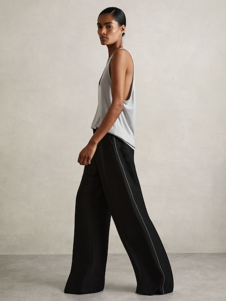 Reiss Black Daria Atelier Crepe Wide Leg Stitch Trousers (AN6329) | £335