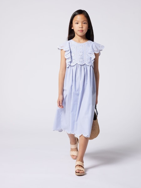 Blue Pinstripe Summer Dress With Scalloping and Broderie Detail (AN6773) | £325