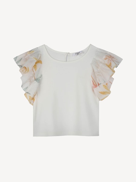 Cream Logo Short Sleeve T-Shirt With Printed Frill Sleeve Detail (AN6786) | £125