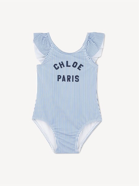 Baby Blue Toddler Pinstripe Logo Swimming Costume With Frill Sleeves (AP3990) | £110