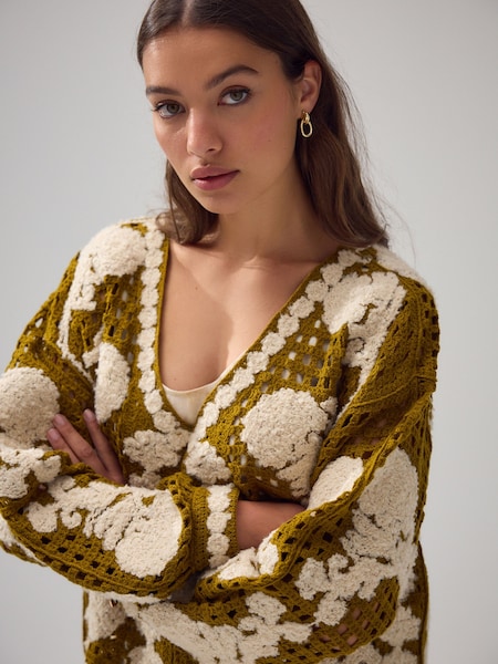 Green Olive Floral Print Crochet Jacket Cardigan (AP8762) | £55