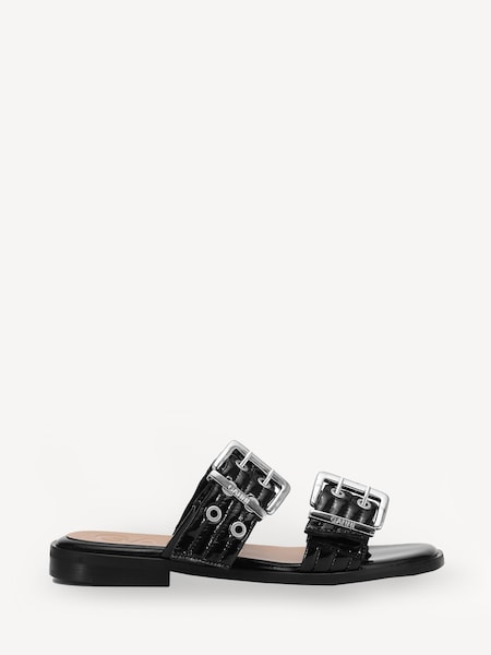 Black Feminine Buckle Two Strap Naplack Sandals (AP9547) | £275
