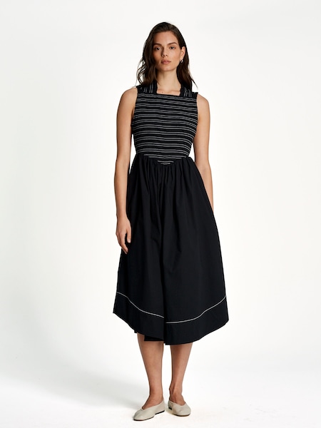 Black Washed Stretch Cotton Smock Midi Straps Dress (AP9549) | £245