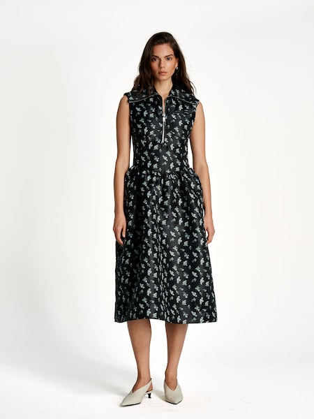 Black Floral Print Jacquard Midi Dress (AP9551) | £425