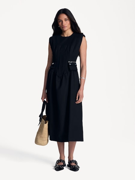 Black Heavy Cotton Tailoring Corset Midi Dress (AP9552) | £395
