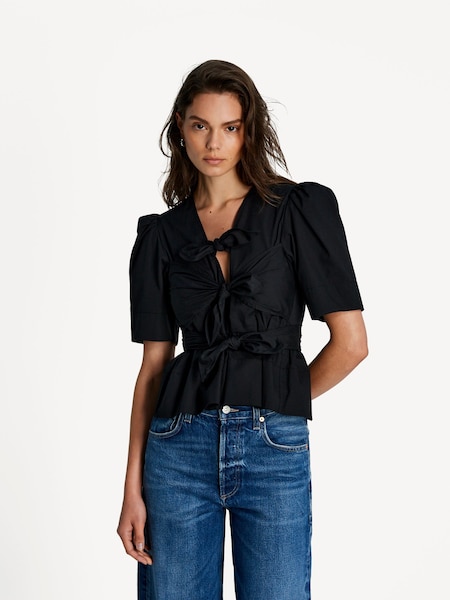 Black Washed Stretch Cotton Tie Strap Blouse (AP9567) | £225