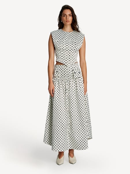 White Printed Double Satin Long Pocket Skirt (AP9571) | £345
