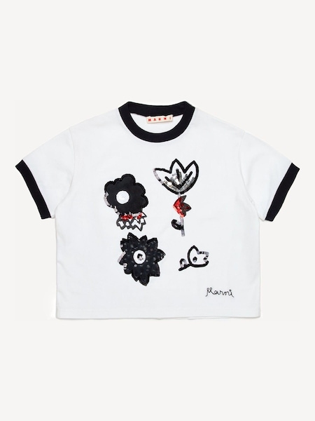 Abstract Floral Print Cropped Short Sleeve White T-Shirt (AU1682) | £125
