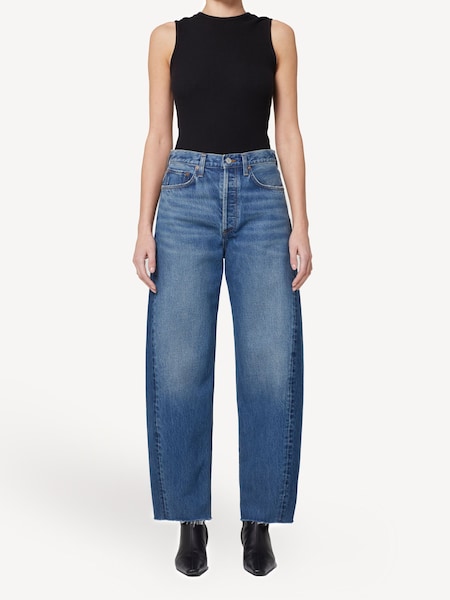 Mid Blue Luna Pieced High Rise Barrel Taper Jeans (AU9731) | £320